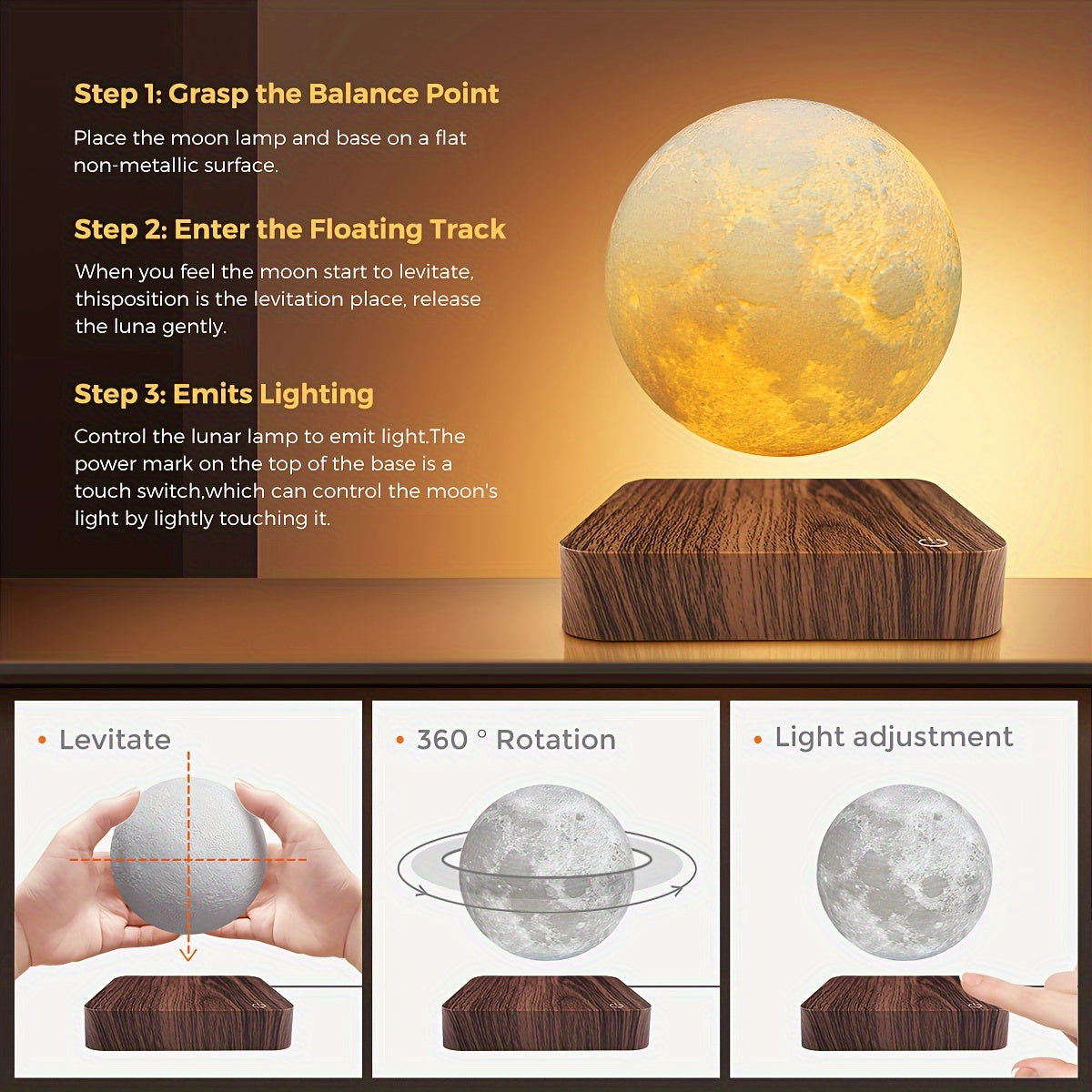 Magnetic Floating Moon Lamp - 3 Color Modes, Levitating Night Light