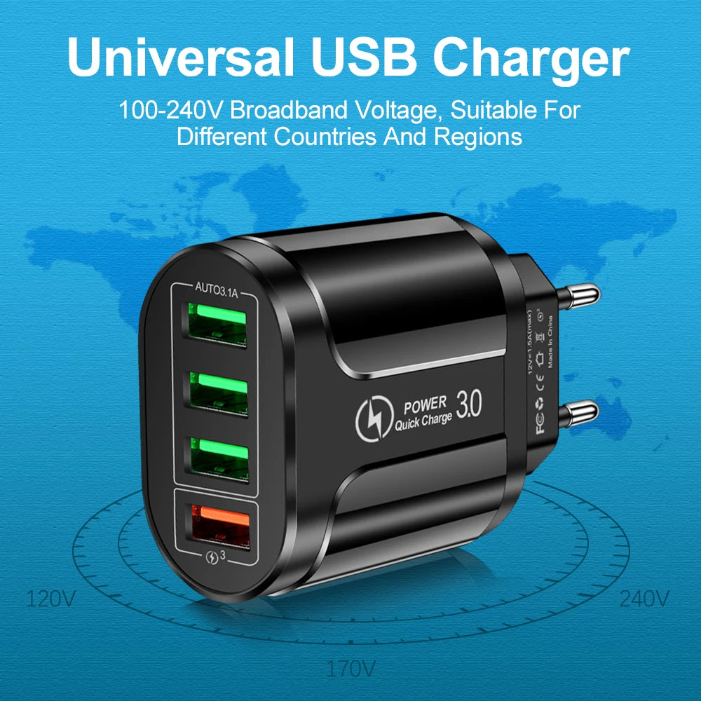 Four-port fast charger for mobile devices.