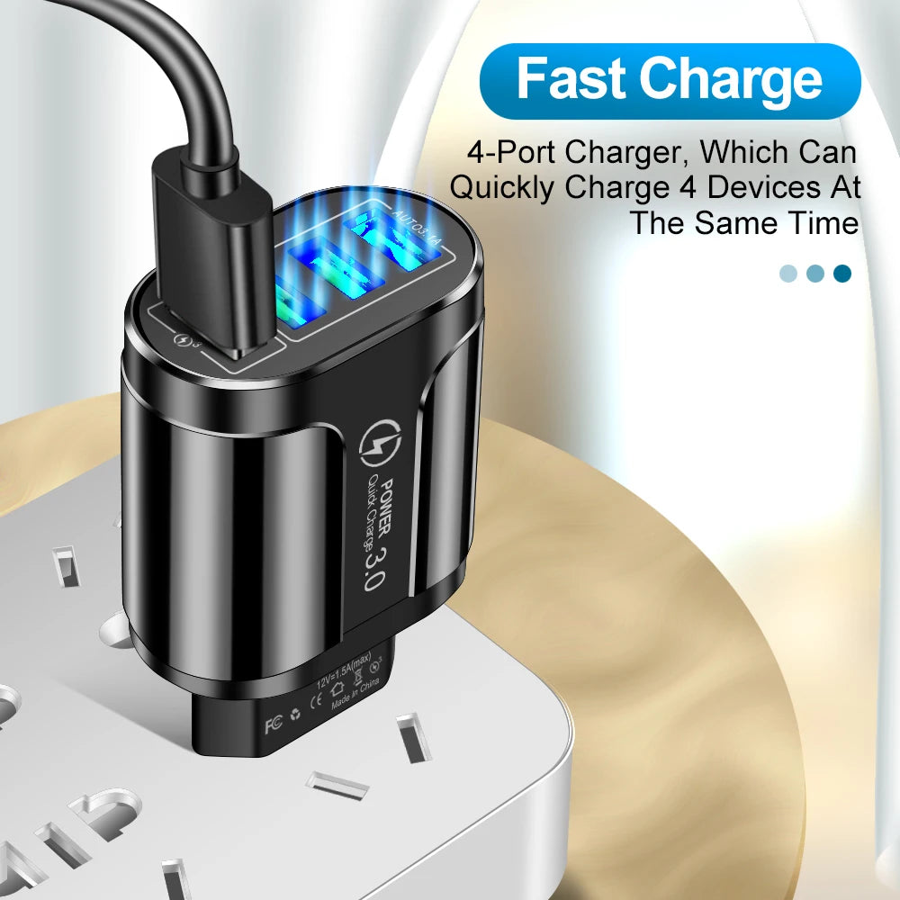 Four-port fast charger for mobile devices.