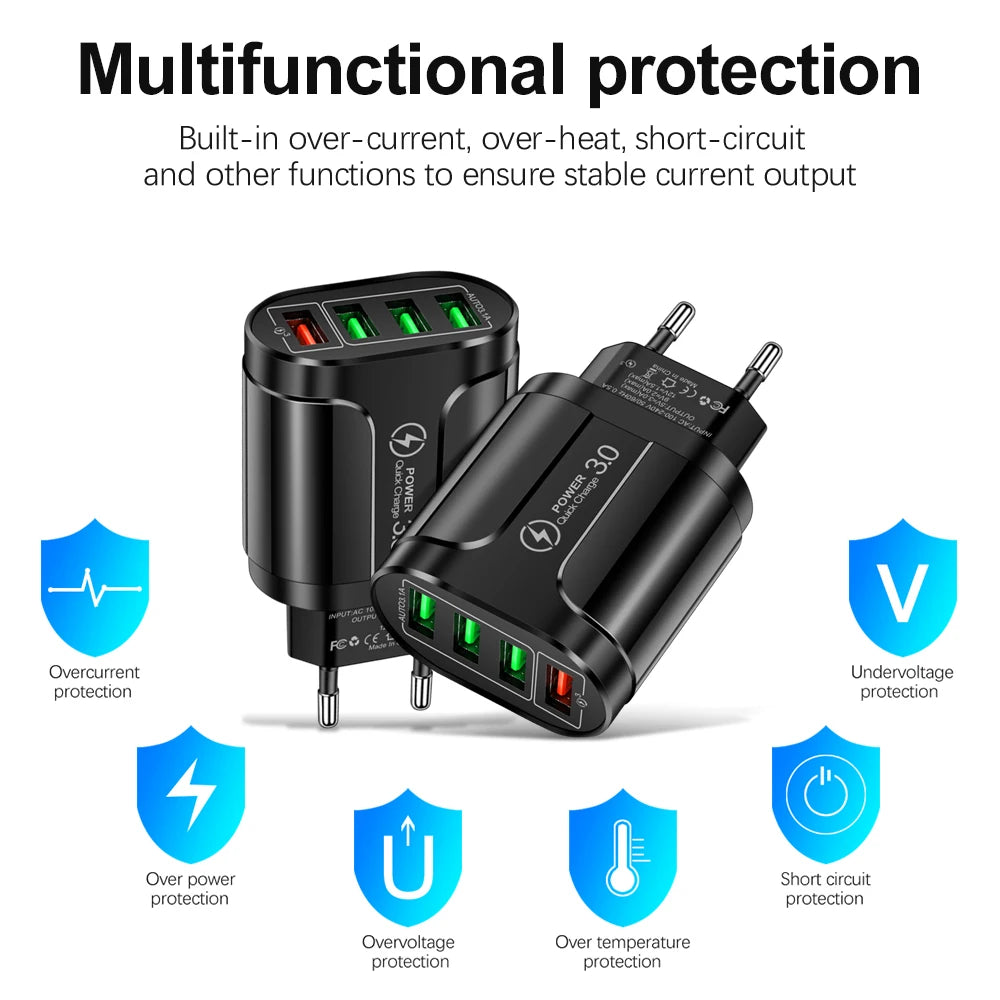 Four-port fast charger for mobile devices.