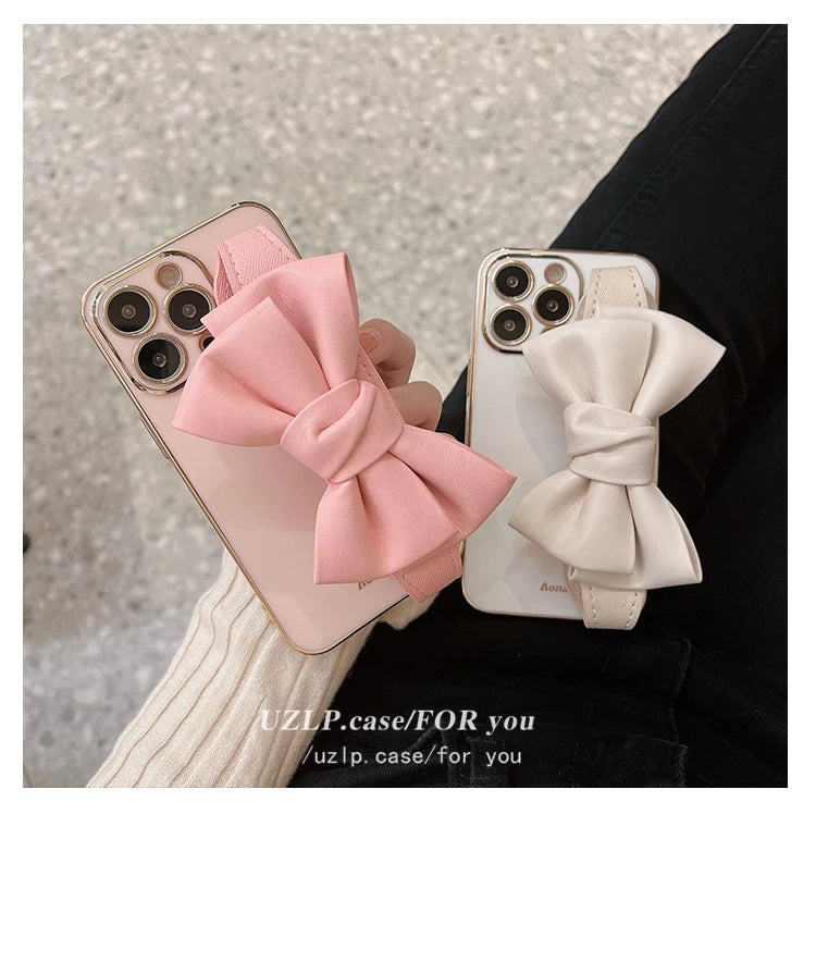 Leather Bow Stand Case for iPhone 11-16 & Pro Max - Soft Plating Camera Protection
