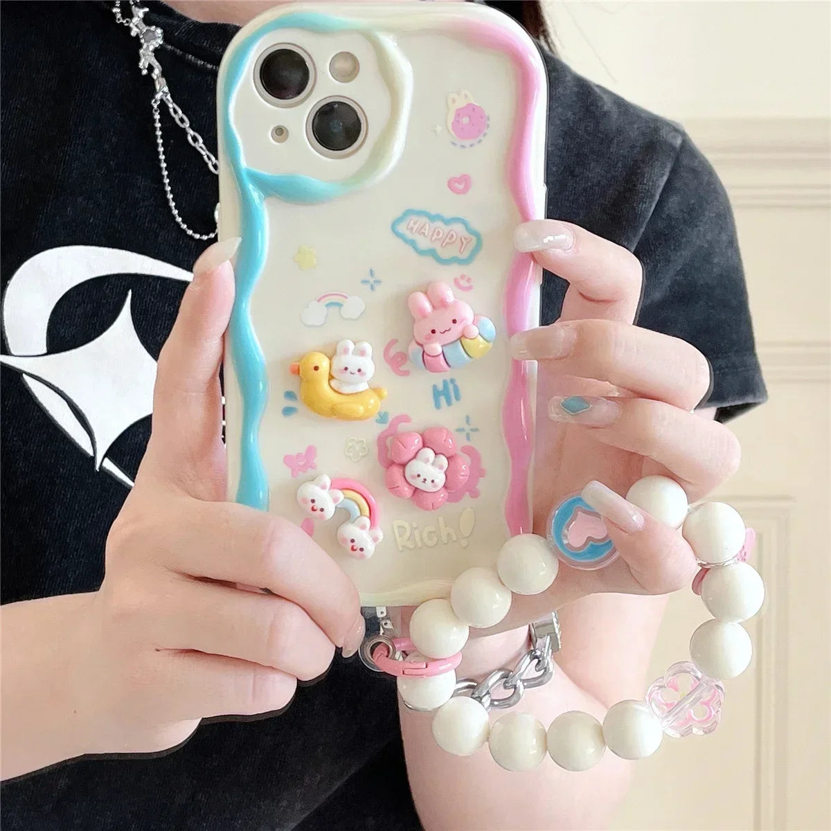 Korean 3D Bear Phone Chain Case for iPhone 7-16 Pro Max, Mini, SE