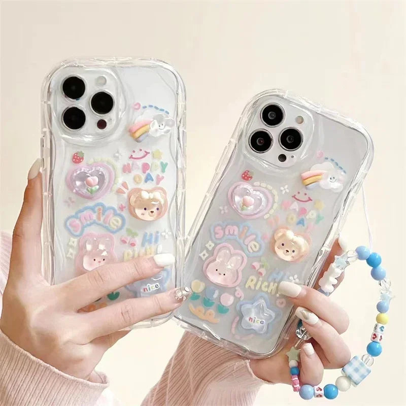 Korean 3D Bear Phone Chain Case for iPhone 7-16 Pro Max, Mini, SE