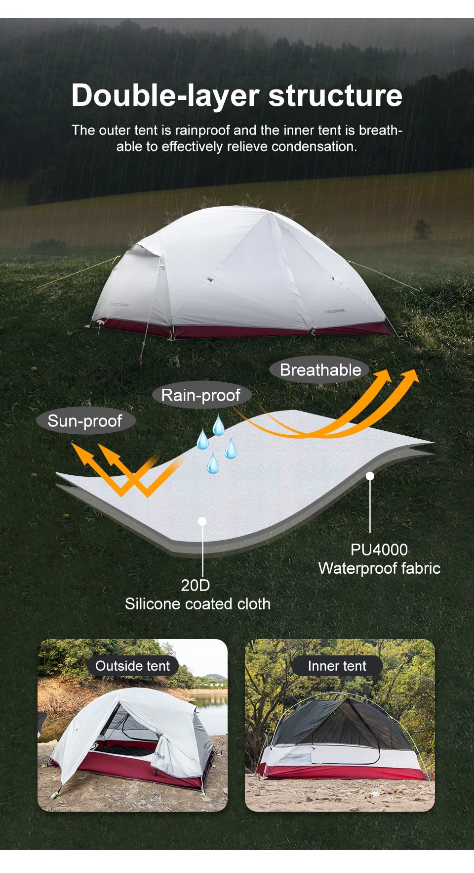 PACOONE Ultralight 20D Nylon Camping Tent – Portable & Waterproof