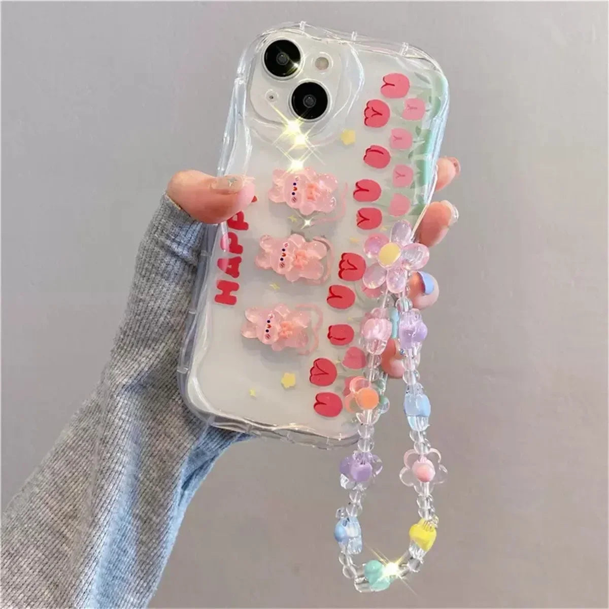 Korean 3D Bear Phone Chain Case for iPhone 7-16 Pro Max, Mini, SE