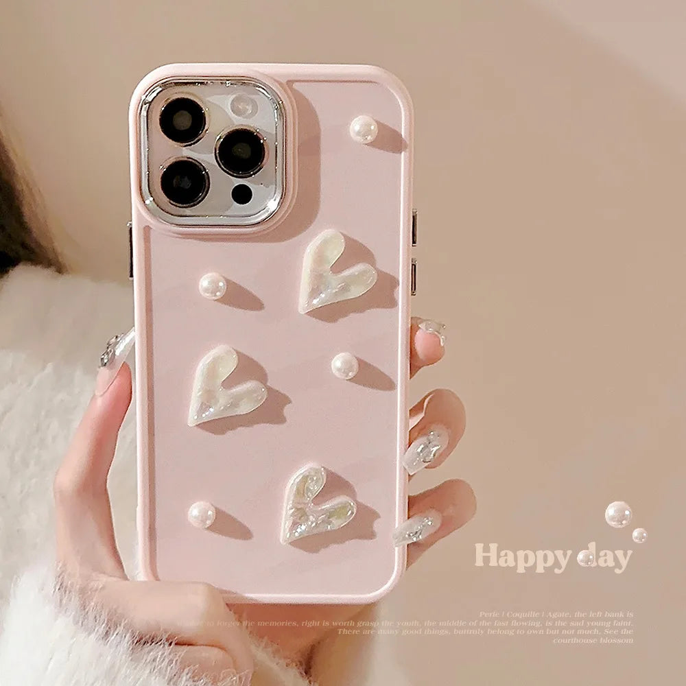 Ins Cute 3D Pearl Love Heart iPhone Case for 7-16 Pro Max, SE, XS, XR