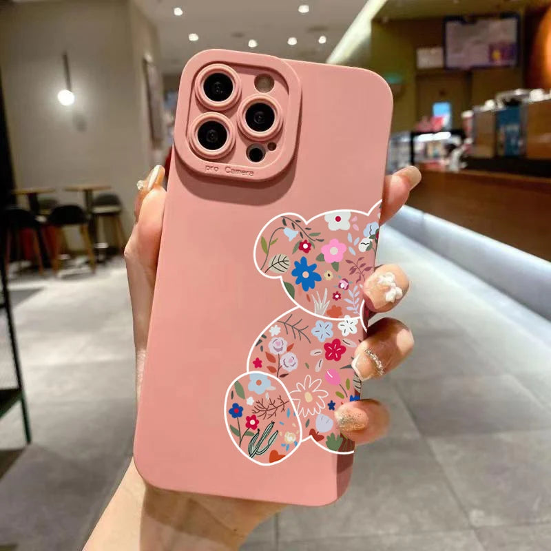 Floral Bear Painting iPhone Case for 7-16 Pro Max, SE, XS, XR