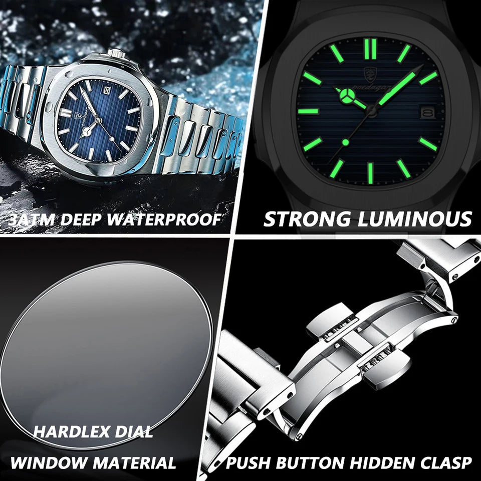 POEDAGAR Luxury Waterproof Quartz Watch for Men – Stainless Steel, Luminous, Date