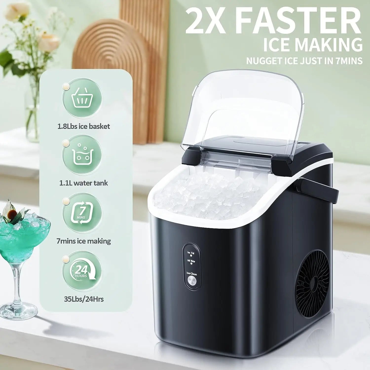 Nugget Ice Maker: 35.5Lbs/24Hrs, Self-Cleaning, Black