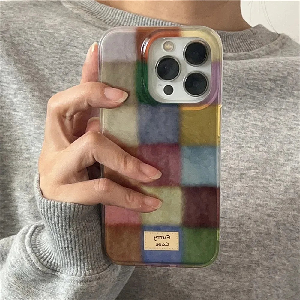 Cute Dopamine Color Block Plaid iPhone Case for 7-16 Pro Max, XS, XR, SE