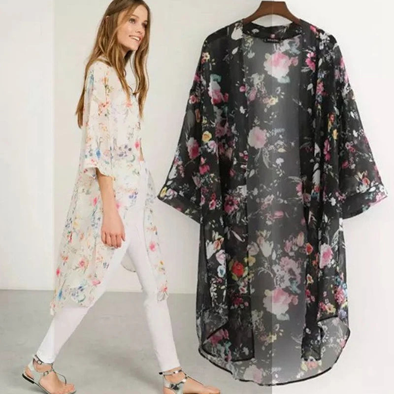 2023 Summer Floral Chiffon Kimono Beach Cover-Up