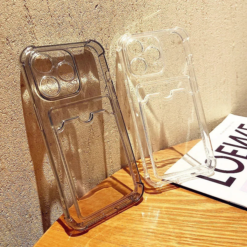 Shockproof clear case with card slot.