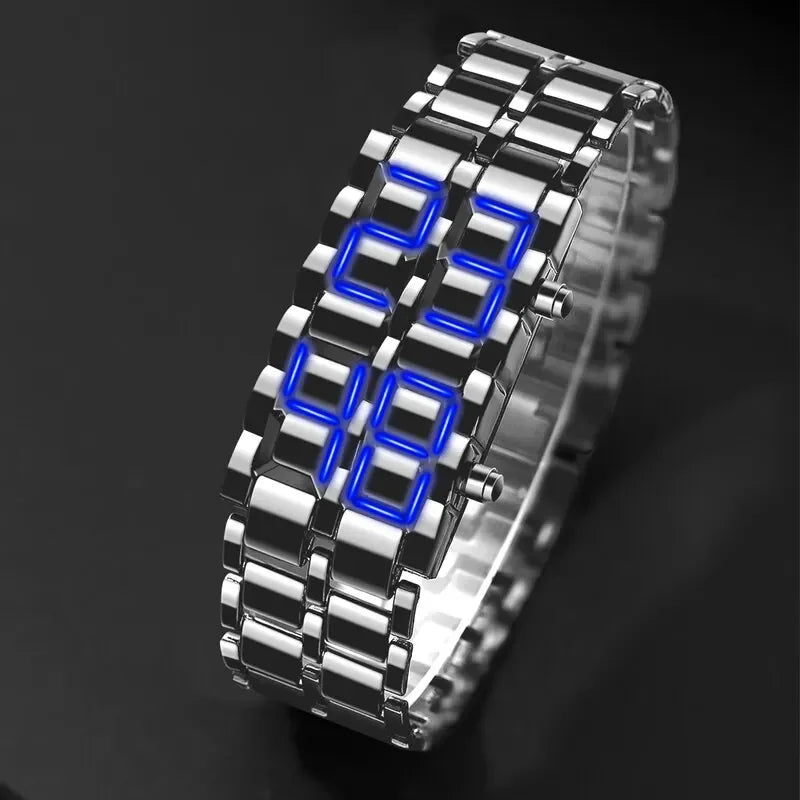 Fashion Blue LED Stainless Steel Men's Wristwatch: Rectangle Digital Clock