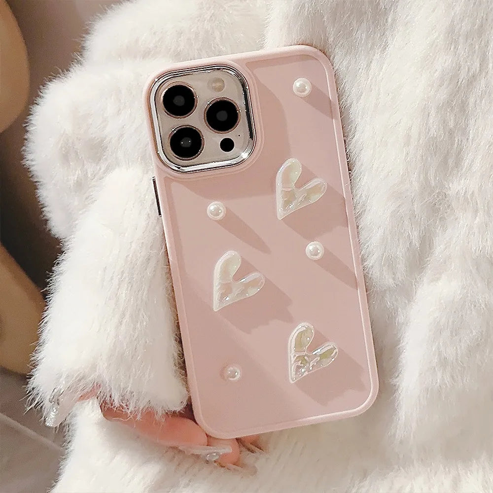 Ins Cute 3D Pearl Love Heart iPhone Case for 7-16 Pro Max, SE, XS, XR