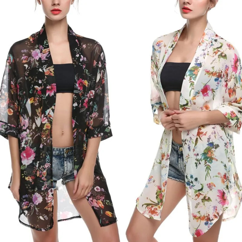 2023 Summer Floral Chiffon Kimono Beach Cover-Up