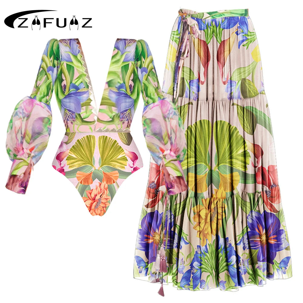 ZAFUAZ Women’s V-Neck Floral One-Piece Swimsuit & Skirt