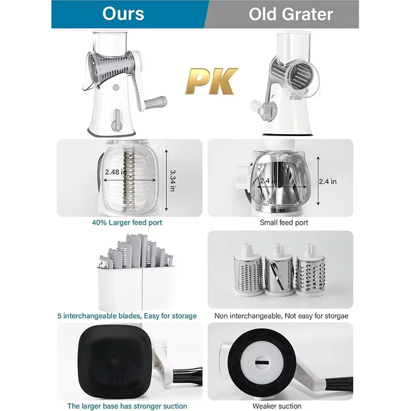 5-in-1 Rotary Cheese Grater & Vegetable Slicer – Manual Kitchen Shredder