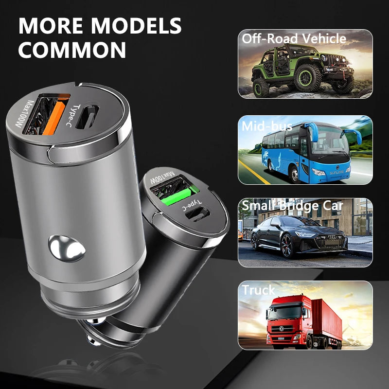 100W Mini Fast Car Charger QC3.0 PD USB Type-C for iPhone, Samsung, Xiaomi