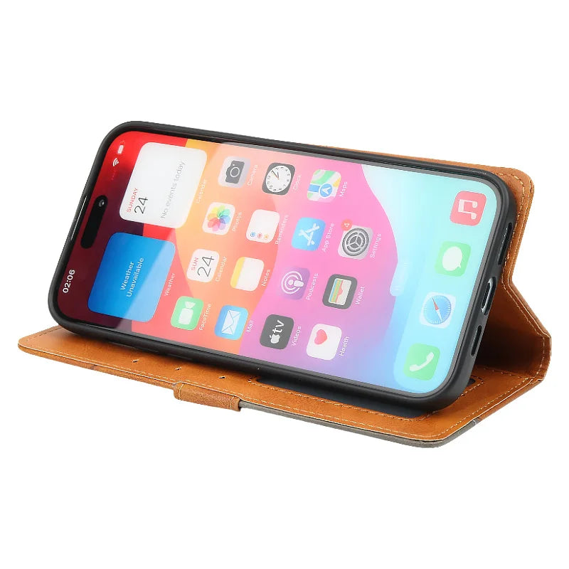 Flip Stand Leather Wallet Case for iPhone 6-15 Pro Max, SE, Mini
