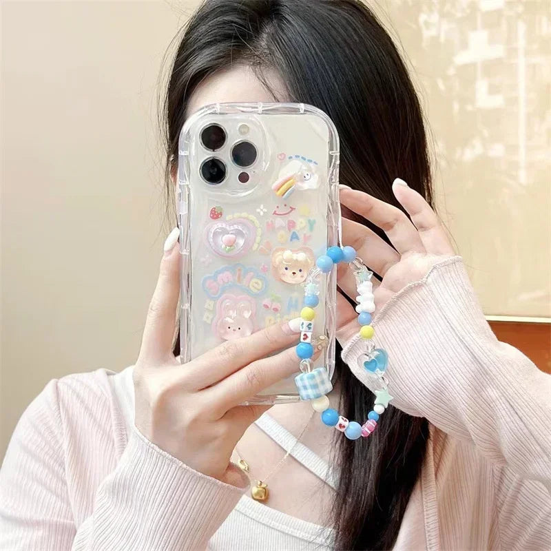 Korean 3D Bear Phone Chain Case for iPhone 7-16 Pro Max, Mini, SE