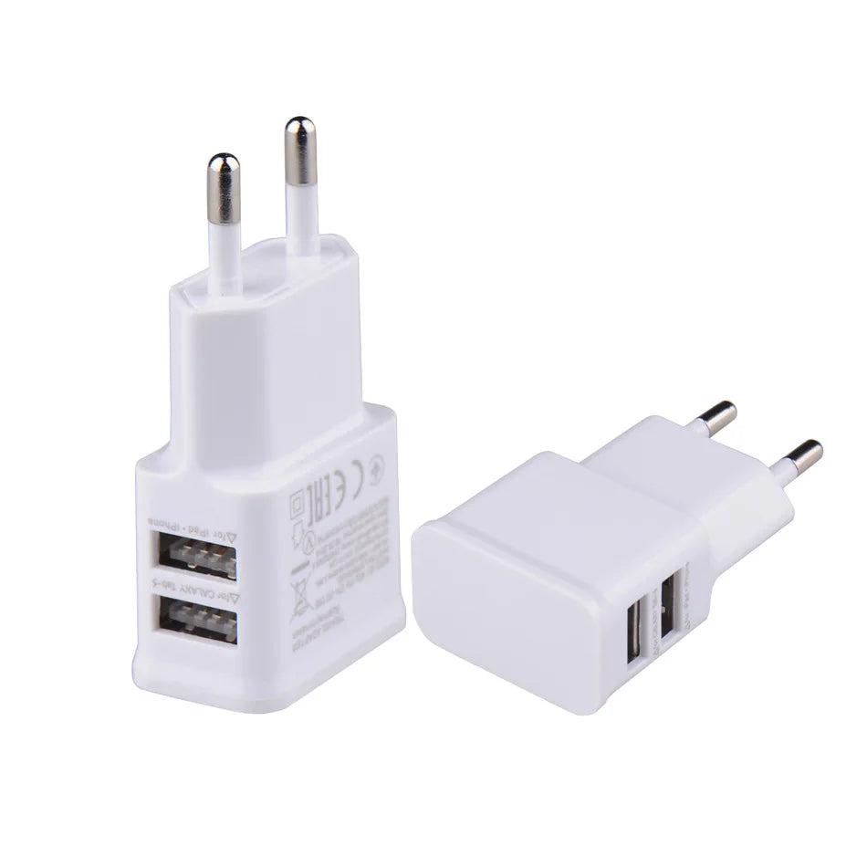 Dual USB travel charger for smartphones.