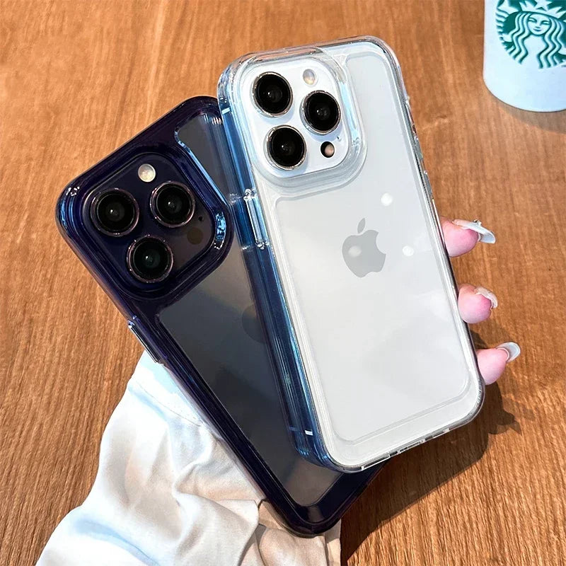 Transparent shockproof case for various iPhone models.