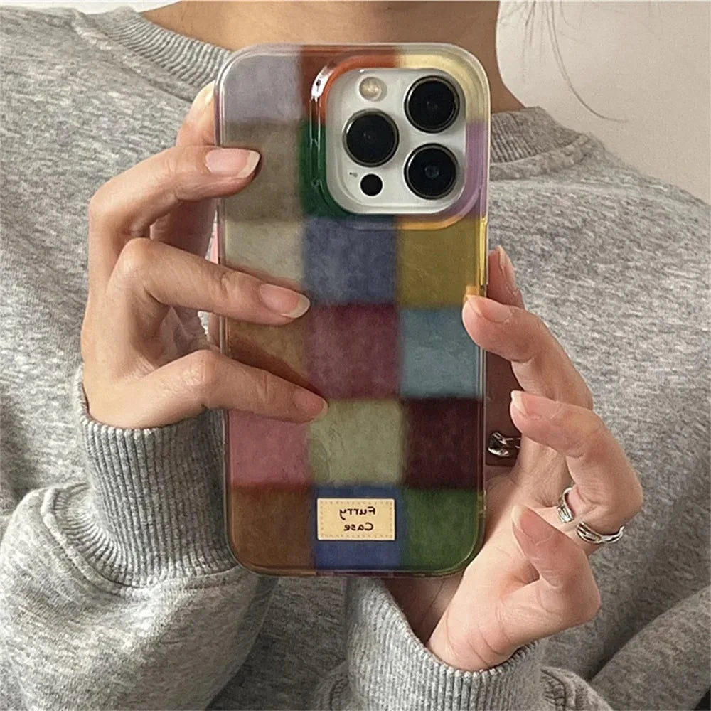 Cute Dopamine Color Block Plaid iPhone Case for 7-16 Pro Max, XS, XR, SE