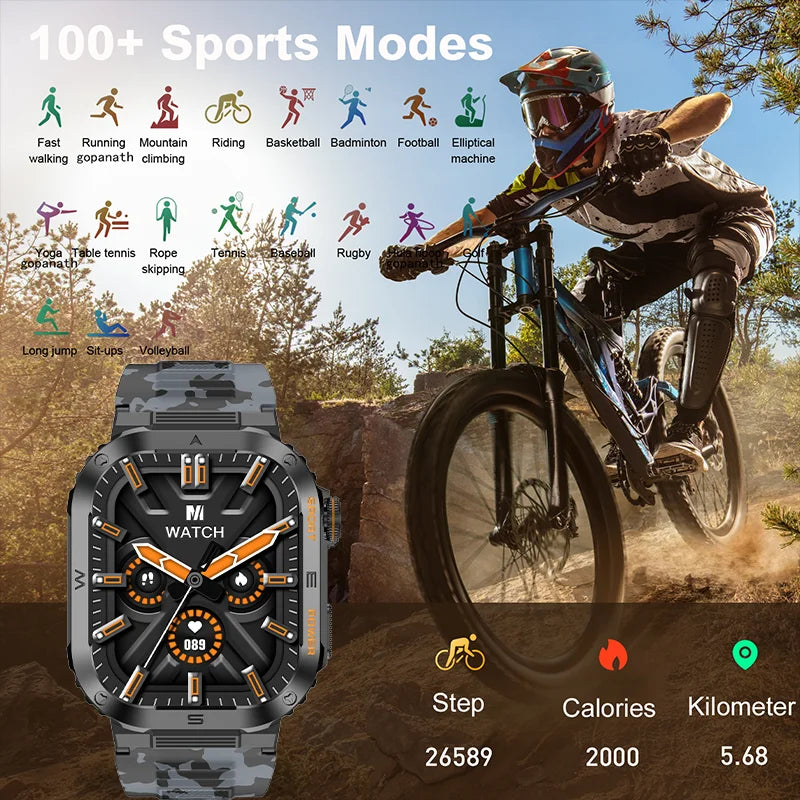 Rugged Military Smart Watch: IP68 Waterproof, 2.01'' HD, Bluetooth