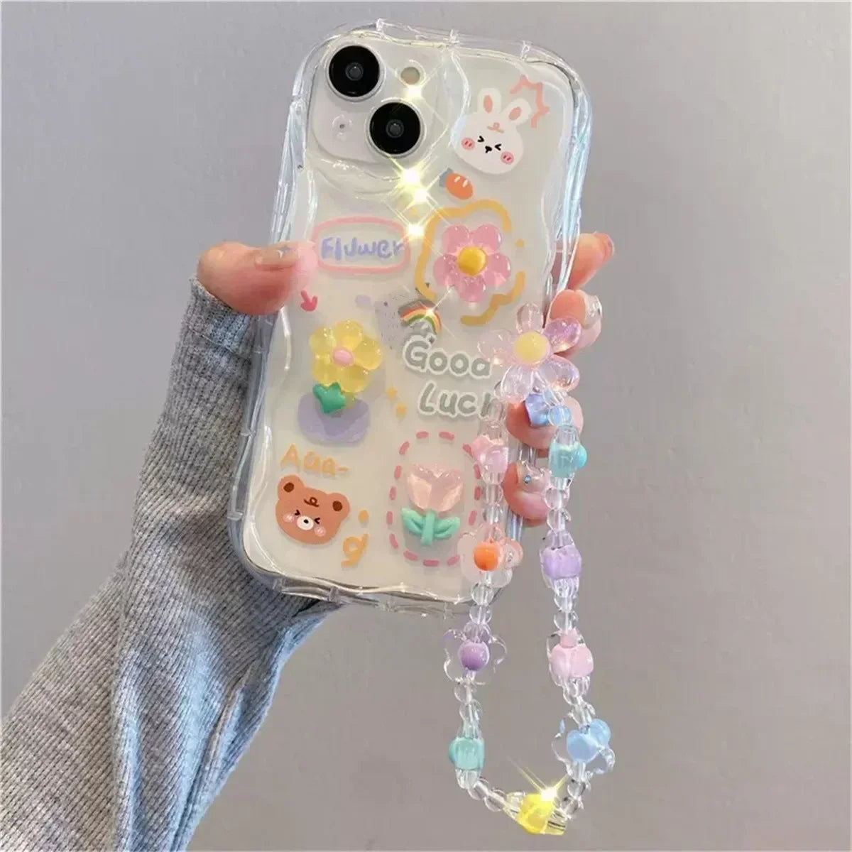 Korean 3D Bear Phone Chain Case for iPhone 7-16 Pro Max, Mini, SE