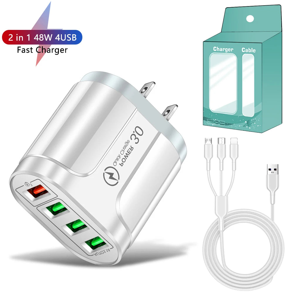 Four-port fast charger for mobile devices.