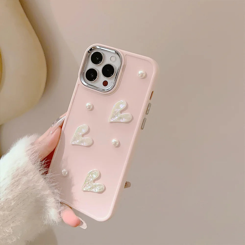 Ins Cute 3D Pearl Love Heart iPhone Case for 7-16 Pro Max, SE, XS, XR