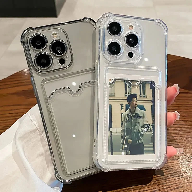 Shockproof clear case with card slot.