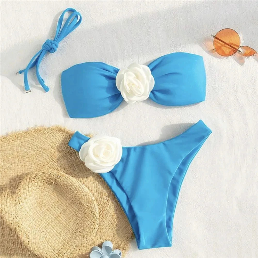 Flower Bandeau Thong Bikini - 2024 Lace-up Swimwear