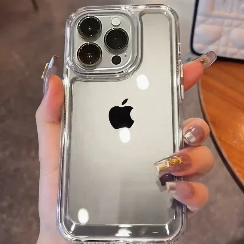 Transparent shockproof case for various iPhone models.