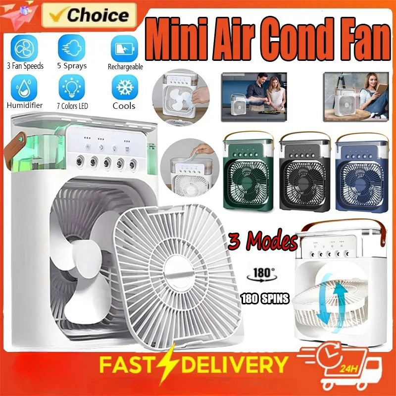 3-in-1 Portable USB Air Cooler, Humidifier & Fan with LED Light