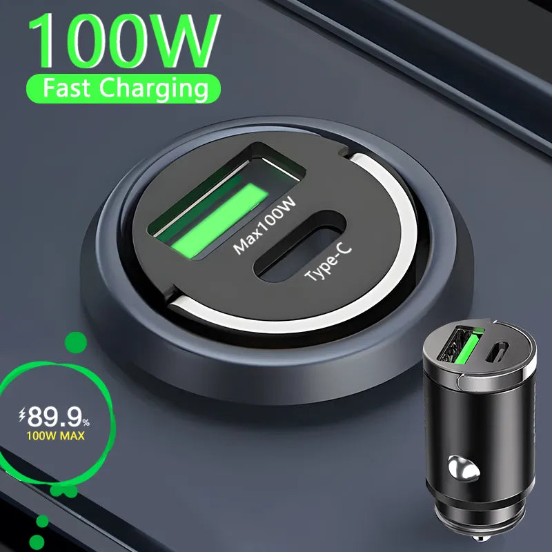 100W Mini Fast Car Charger QC3.0 PD USB Type-C for iPhone, Samsung, Xiaomi
