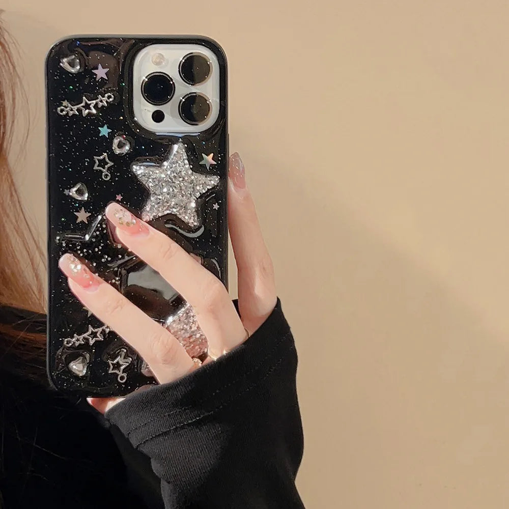 Black 3D sparkling pink star case.