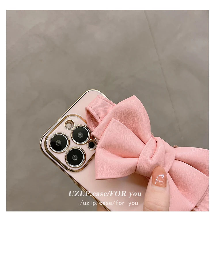 Leather Bow Stand Case for iPhone 11-16 & Pro Max - Soft Plating Camera Protection