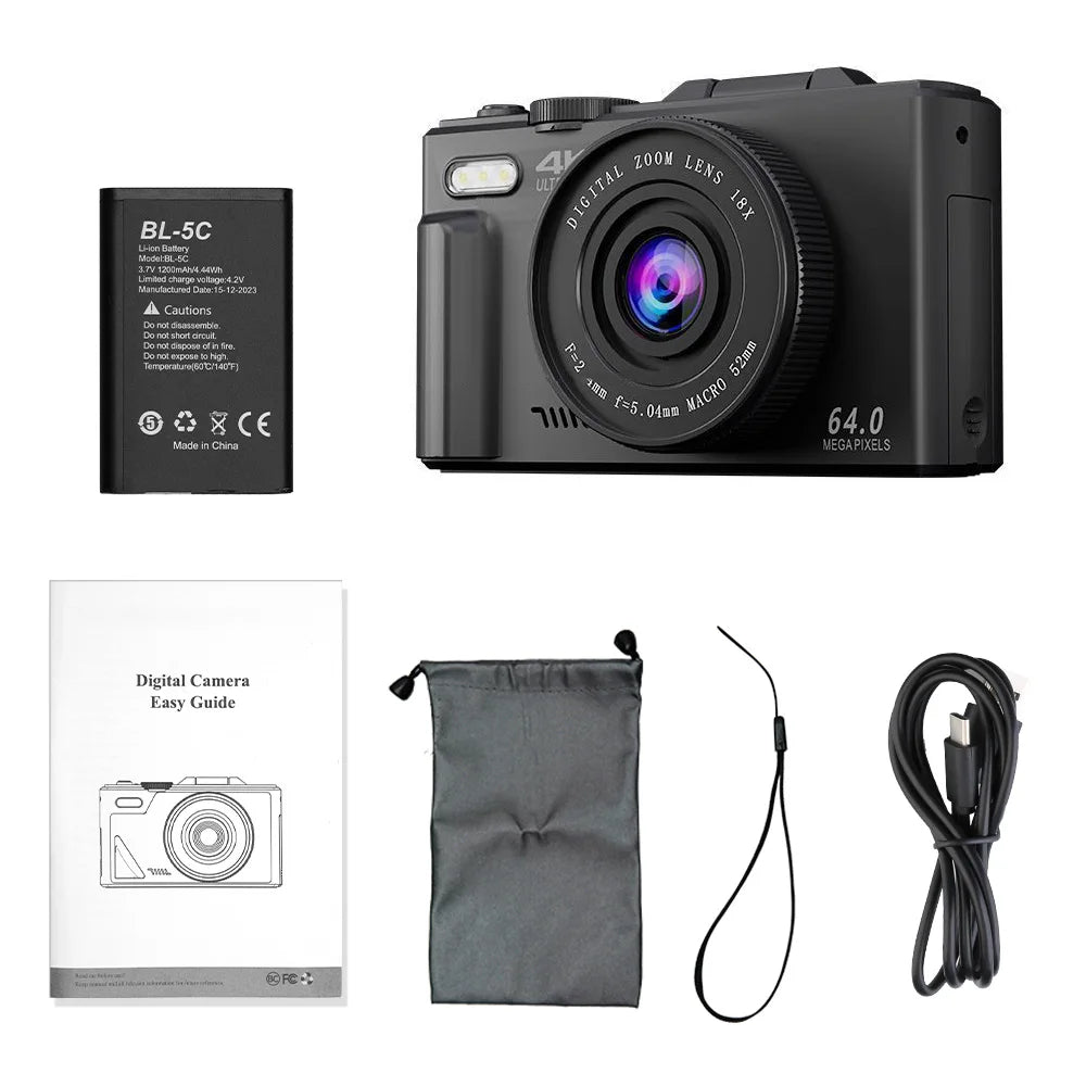 4K Compact Digital Camera with 18X Zoom and Flip Screen