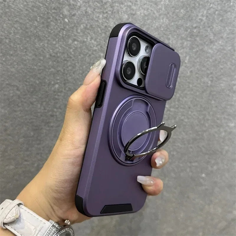 Luxury Rugged Armor Magnetic Bracket iPhone Case - Slide Camera Protection