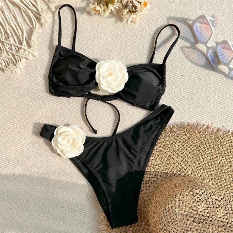 Flower Bandeau Thong Bikini - 2024 Lace-up Swimwear