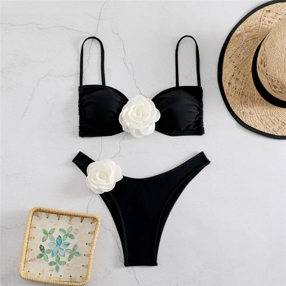 Flower Bandeau Thong Bikini - 2024 Lace-up Swimwear