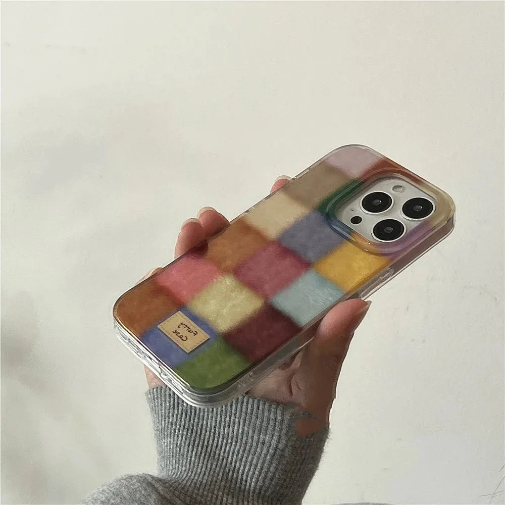 Cute Dopamine Color Block Plaid iPhone Case for 7-16 Pro Max, XS, XR, SE