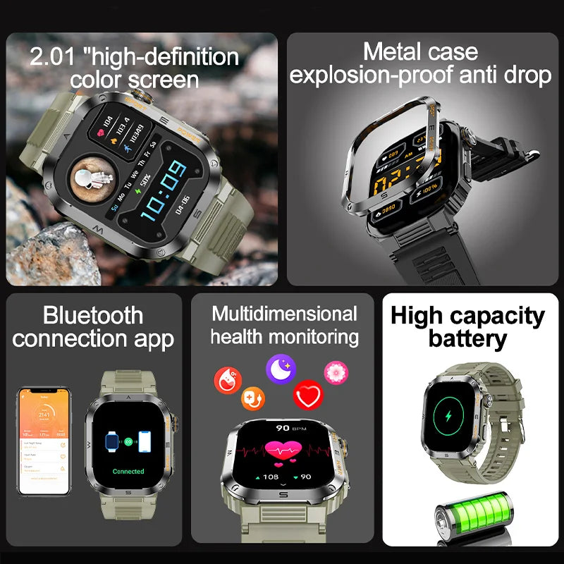 Rugged Military Smart Watch: IP68 Waterproof, 2.01'' HD, Bluetooth