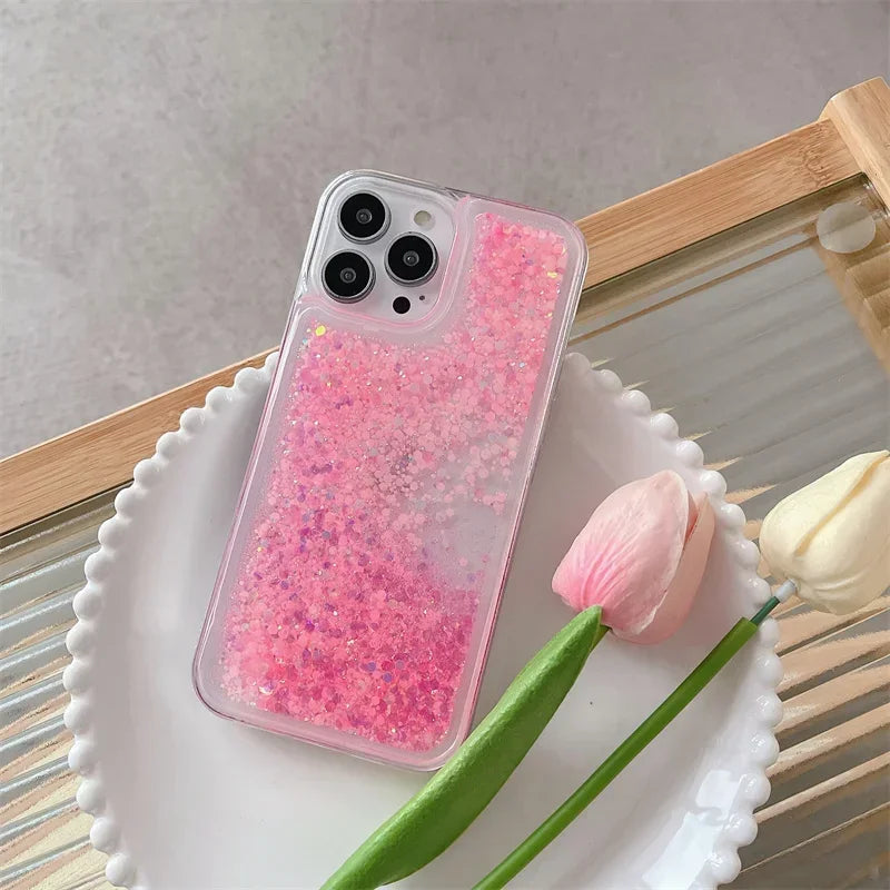 Luminous Quicksand Clear Case for iPhone 14/15/16 Pro Max – Light-Up Sequins Shell