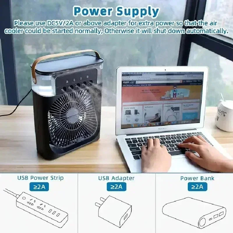 3-in-1 Portable USB Air Cooler, Humidifier & Fan with LED Light