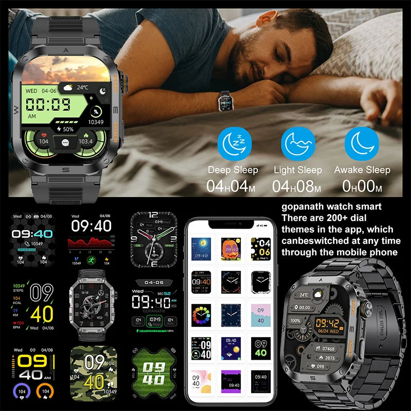 Rugged Military Smart Watch: IP68 Waterproof, 2.01'' HD, Bluetooth