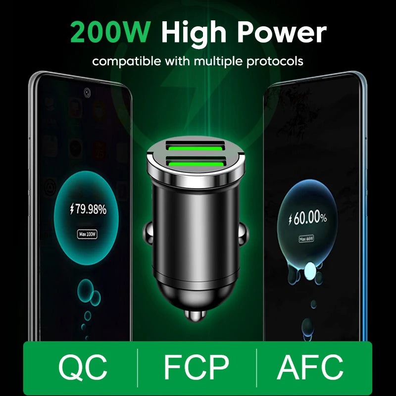 Dual USB car charger, 200W power.