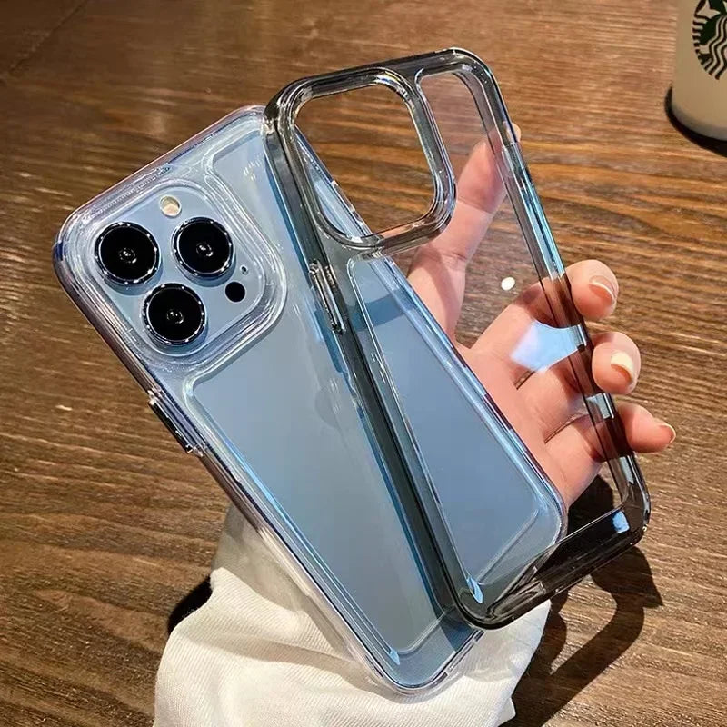 Transparent shockproof case for various iPhone models.