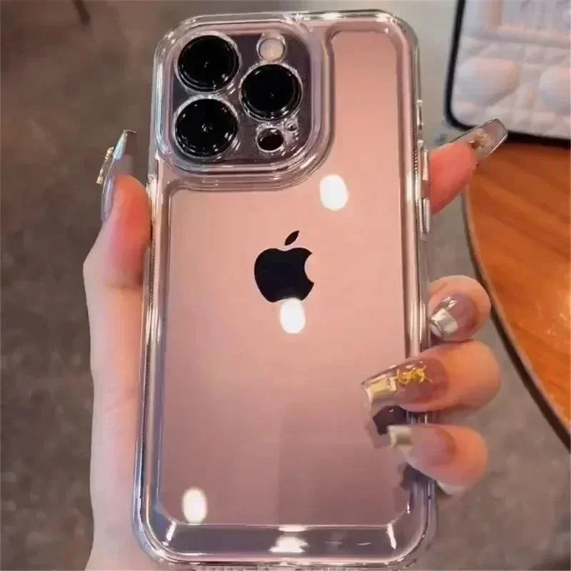 Transparent shockproof case for various iPhone models.